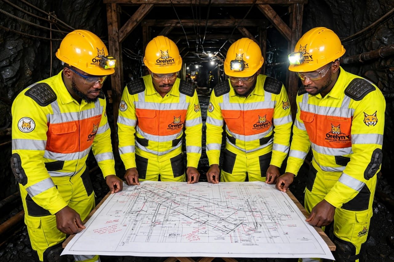 ORELYNX directors and engineers reviewing mine plans around a blueprint underground